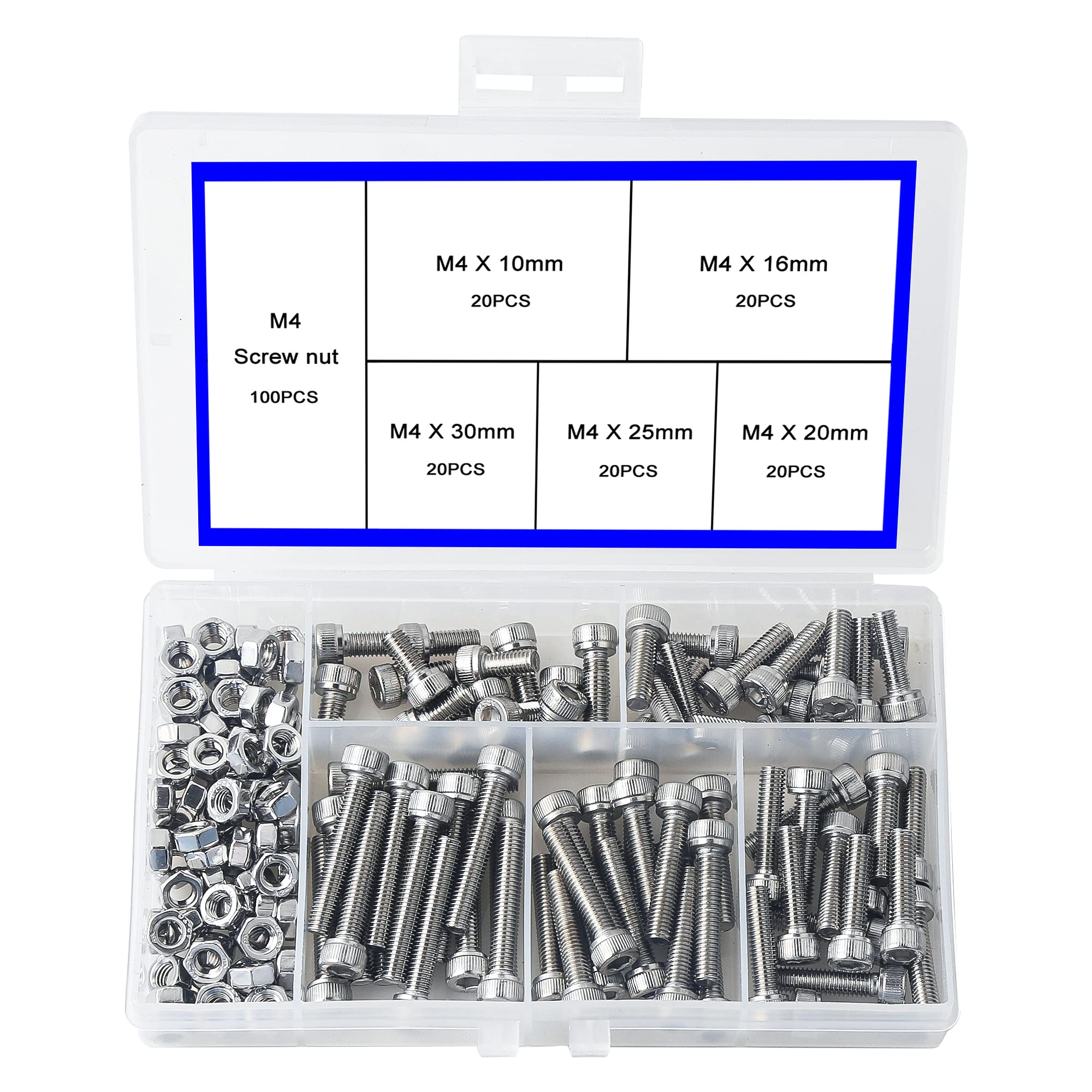 newlng M4 Nuts and Bolts Set 304 Stainless Steel Hexagon Socket Head Cap Screws Hexagon Socket Head Screw Head Mechanical Parts Bolt And Nut Combination Box