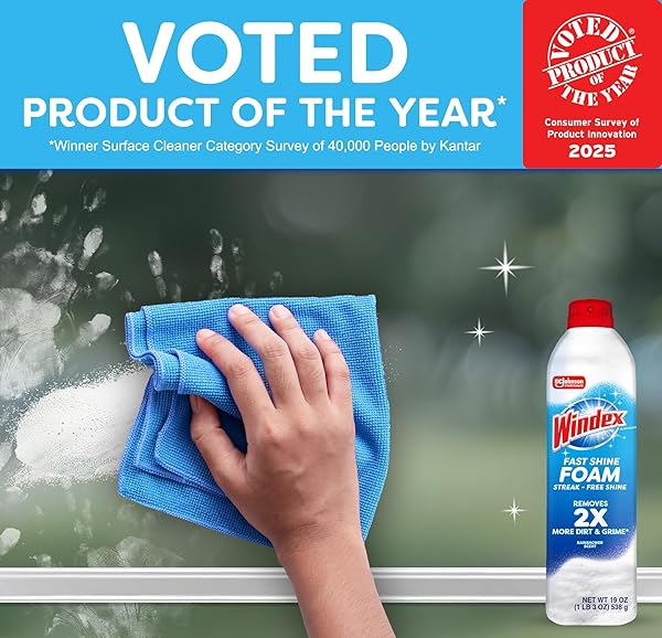 WINDEX FAST SHINE FOAM GLASS CLEANER, NO-DRIP AEROSOL CLEANING SPRAY, 19 OZ.