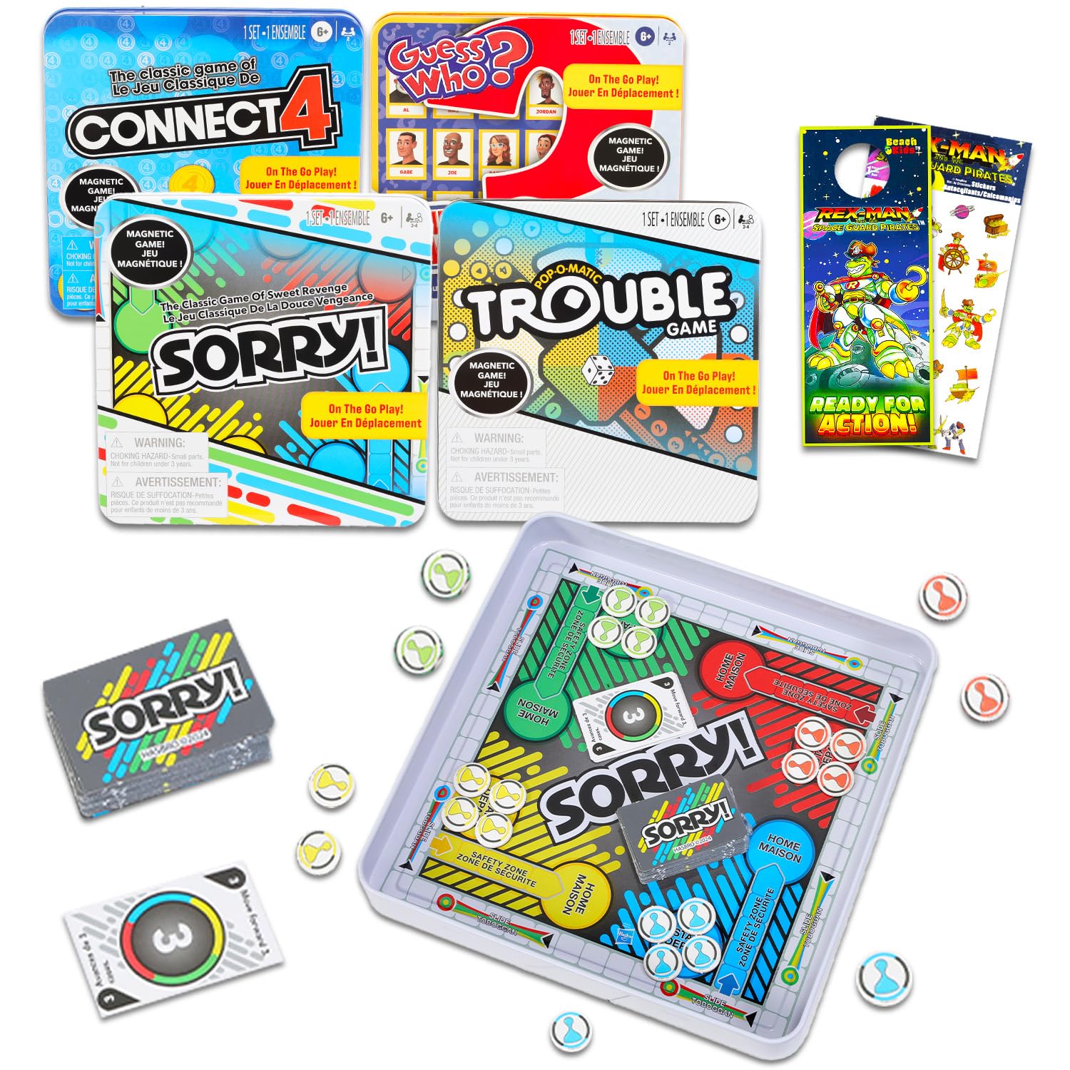 Photo 1 of Hasbro Gaming Magnetic Game Travel Set for Kids - Bundle with 4 Travel Games in Tin Featuring Connect 4, Sorry, Trouble, Guess Who Plus Stickers | Travel Games for Kids 8-12