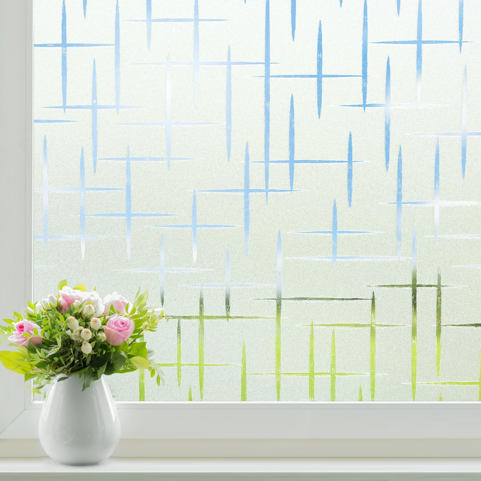Homein Window Film Privacy, Frosted Window Film Cross Pattern Static Cling, No Glue Self Adhesive Glass Vinyl Anti UV Removable Opaque Sticker for Home Bathroom Office, 44.5x200 cm