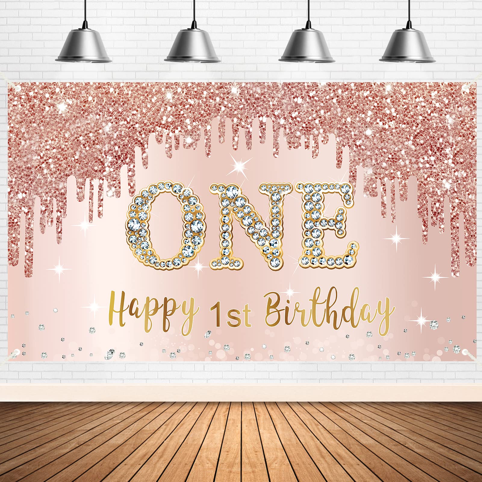 Photo 1 of Happy 1st Birthday Banner & Backdrop Decorations for Girls - Rose Gold 1 Year Old Party Sign Supplies, Pink One Birthday Poster Background Photo Booth Props Decor