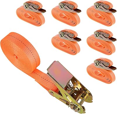 ASelected Heavy Duty Ratchet Straps 2.5 cm x 5 m Orange Set of 6