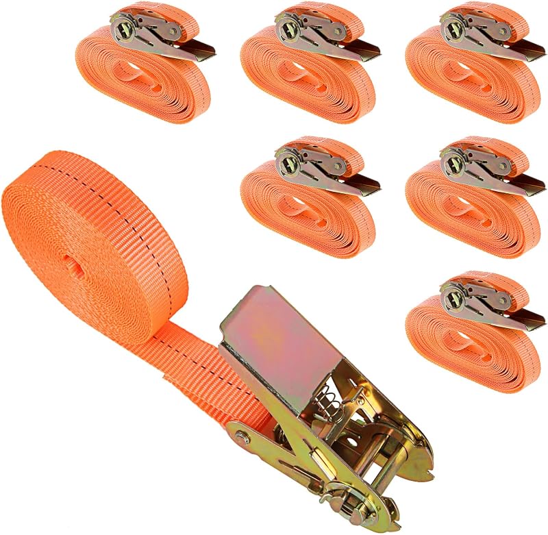 ASelected Heavy Duty Ratchet Straps 2.5 cm x 5 m Orange Set of 6