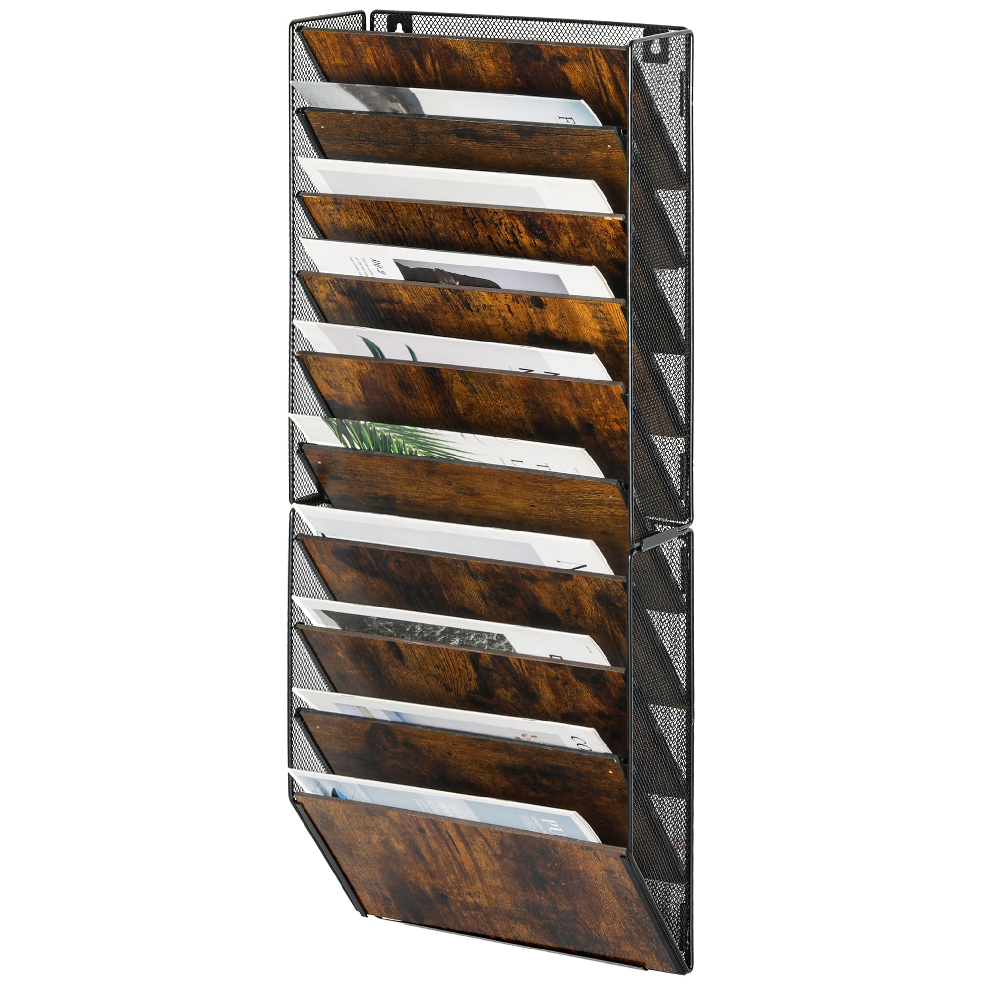 Solinxe 10-Pocket Wood Desk Tidy Organiser, A4 Wall Mounted Document Holder, Vertical Magazine Rack, Metal Wall Hanging Storage Organiser for Office Accessories Stationery Supplies, Black/Antique