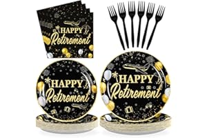Grencian 96Pcs Happy Retirement Party Supplies Black Gold Plates and Napkins Retirement Tableware Sets Disposable Decoration for Men Birthday Farewell Graduations Going Away Party Serve 24