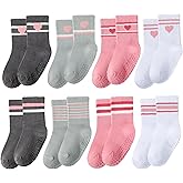 scenicamp 8 Pairs Toddler Grippy Socks, Unisex Baby Cotton Crew Socks with Non-Slip for Girls Boys, Stripe Seamless Heart
