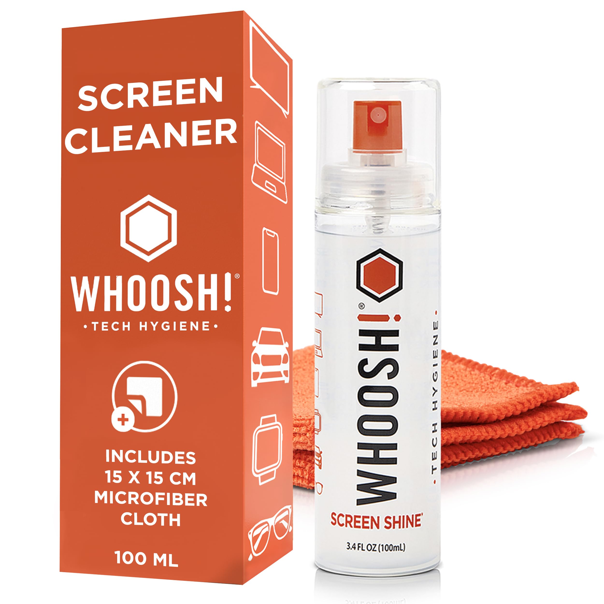 WHOOSH! Screen Shine Go XL Laptop Screen Cleaner - 100 mL Sleek Bottle with Microfiber Cloth - Powerful, Streak-Free Cleaning for Monitor, MacBook, Phone, Glasses, Car Screen Cleaner