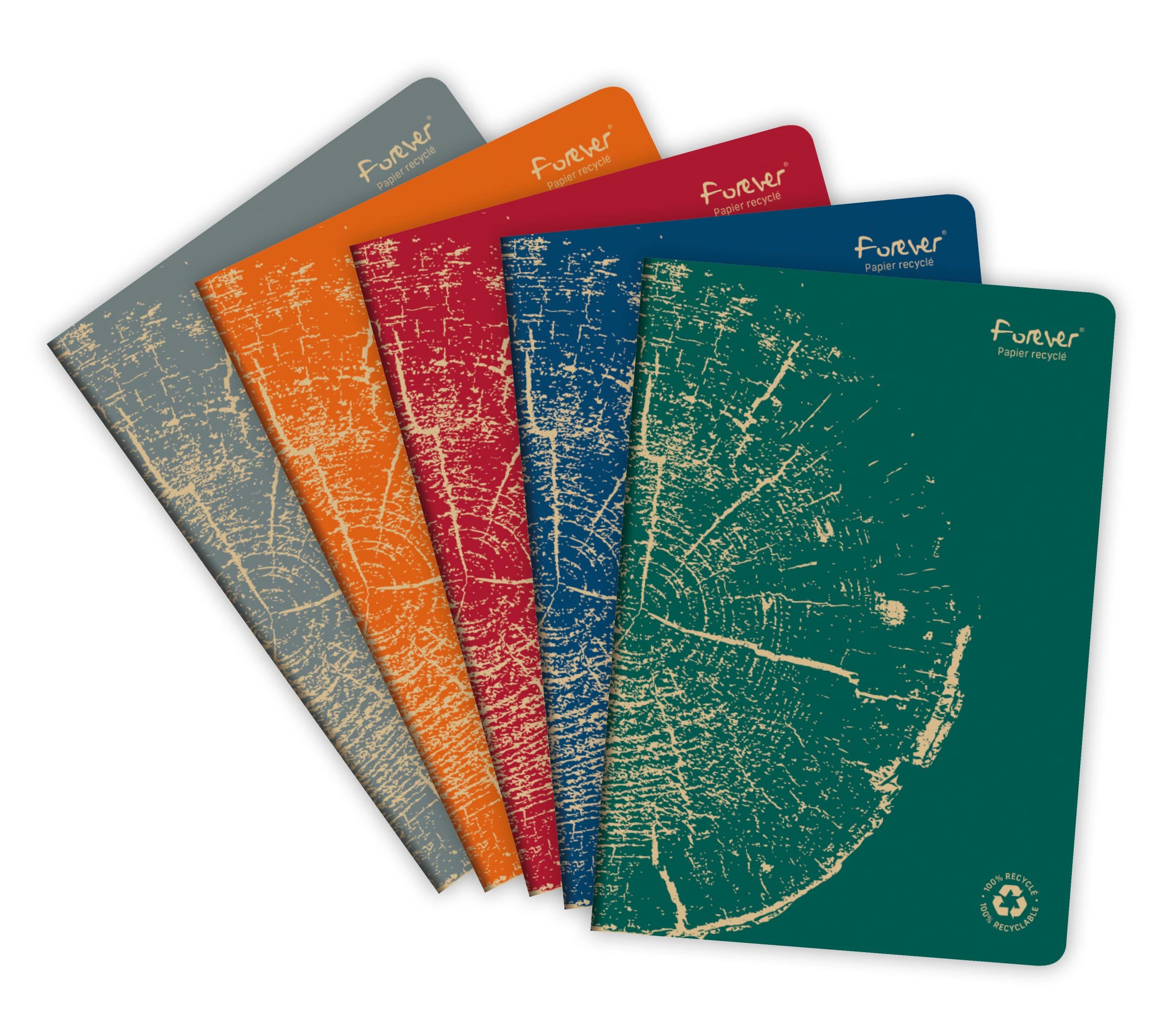 Clairefontaine 68466C Set of 5 Stapled Notebooks Forever Collection 100% Recycled - A4 21x29,7cm - 96 Lined Pages - Paper White 90g - Card Cover Random Colour