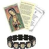 Trendzeen Virgin Mary Bracelet - Our Lady Of Guadalupe Card, The Lord's Prayer - Black Wood Virgen De Guadalupe Bracelet with Catholic Holy Cards - Set of 3 Items