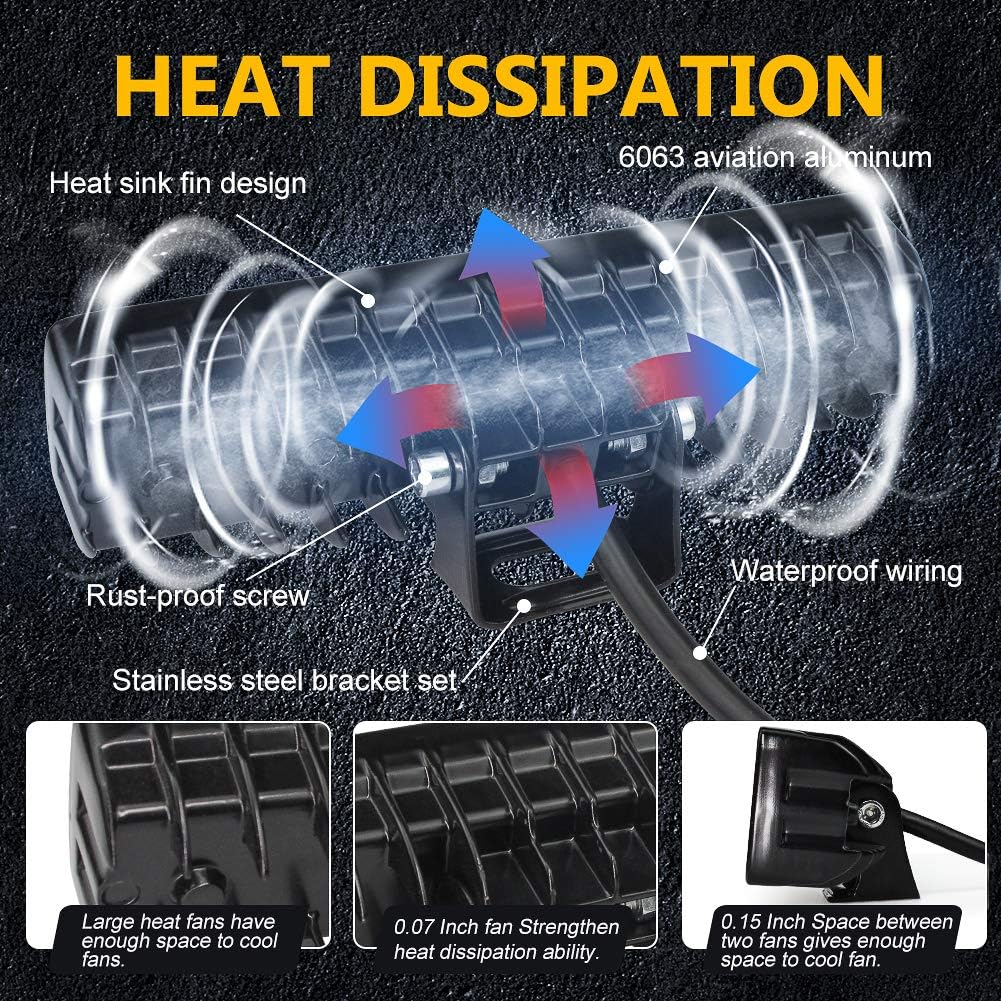 48W LED Work Light Bar,6" LED Flood Lights Off Road Driving Fog 12V 24V Roof Light Bar AuxiliaryIP68 2000LM for Motorcycle SUV Boat Truck 4x4 ATV UTV 2Pcs - Image 5