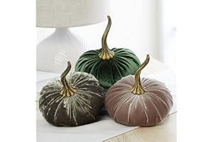 YOUR HEART'S CONTENT Set of 3 Velvet 6.25 Inch Pumpkins, moss green home decor, elegant luxe gift set for friend, Thanksgiving centerpiece, bookshelf accent, Halloween indoor decor, fall best (Luxe Moss, Olive, Taupe)