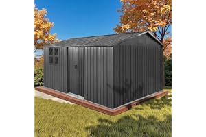 LINKHOO 12x10 Ft Storage Shed Outdoor, XL Permanent Steel Building with Window, Sliding Doors and 4 Air Vents for Backyard Garden Patio Lawn - Black