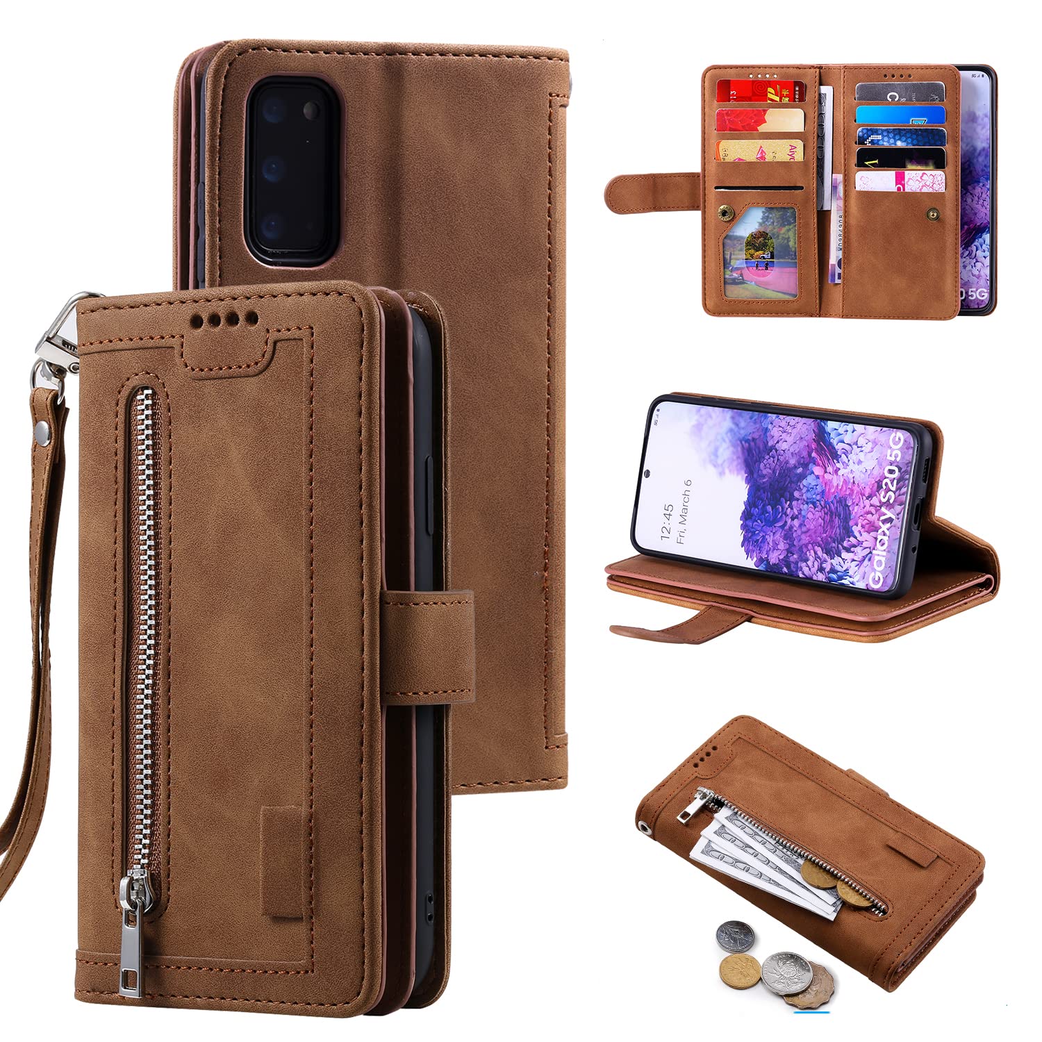 EYZUTAK Wallet Phone Case for Samsung Galaxy S20 Plus, Retro Matte 9 Card Holder Slots Zipper Pocket Case PU Leather Magnetic Closure Kickstand with Wrist Strap Shockproof Folio Flip Case - Brown