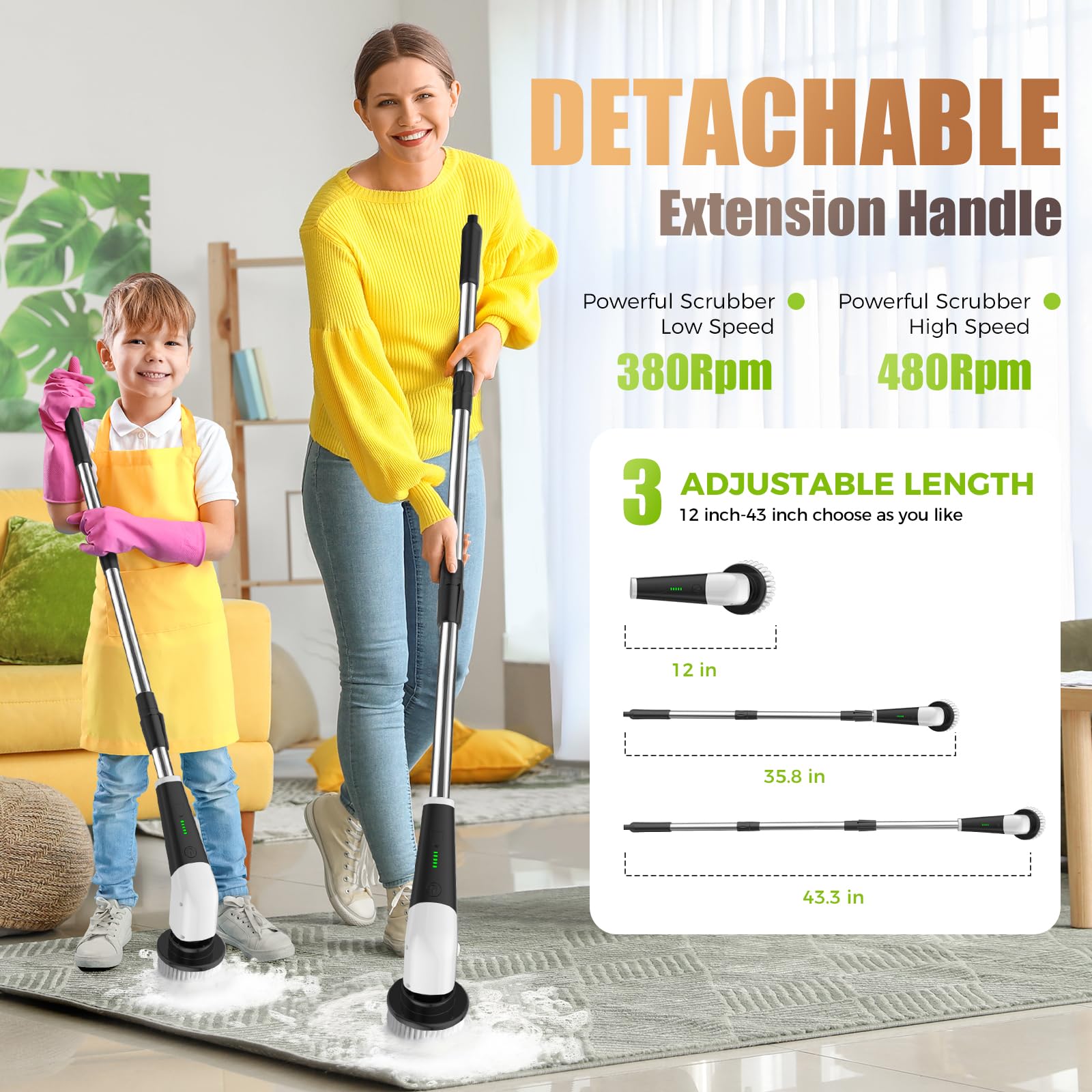 Electric Spin Scrubber,Cordless Electric Cleaning Brush,Shower Scrubber 2 Speeds,8 Brush Heads,IPX7 Waterproof,Adjustable Long Handle for Bathroom, Tub,Tile,and Car