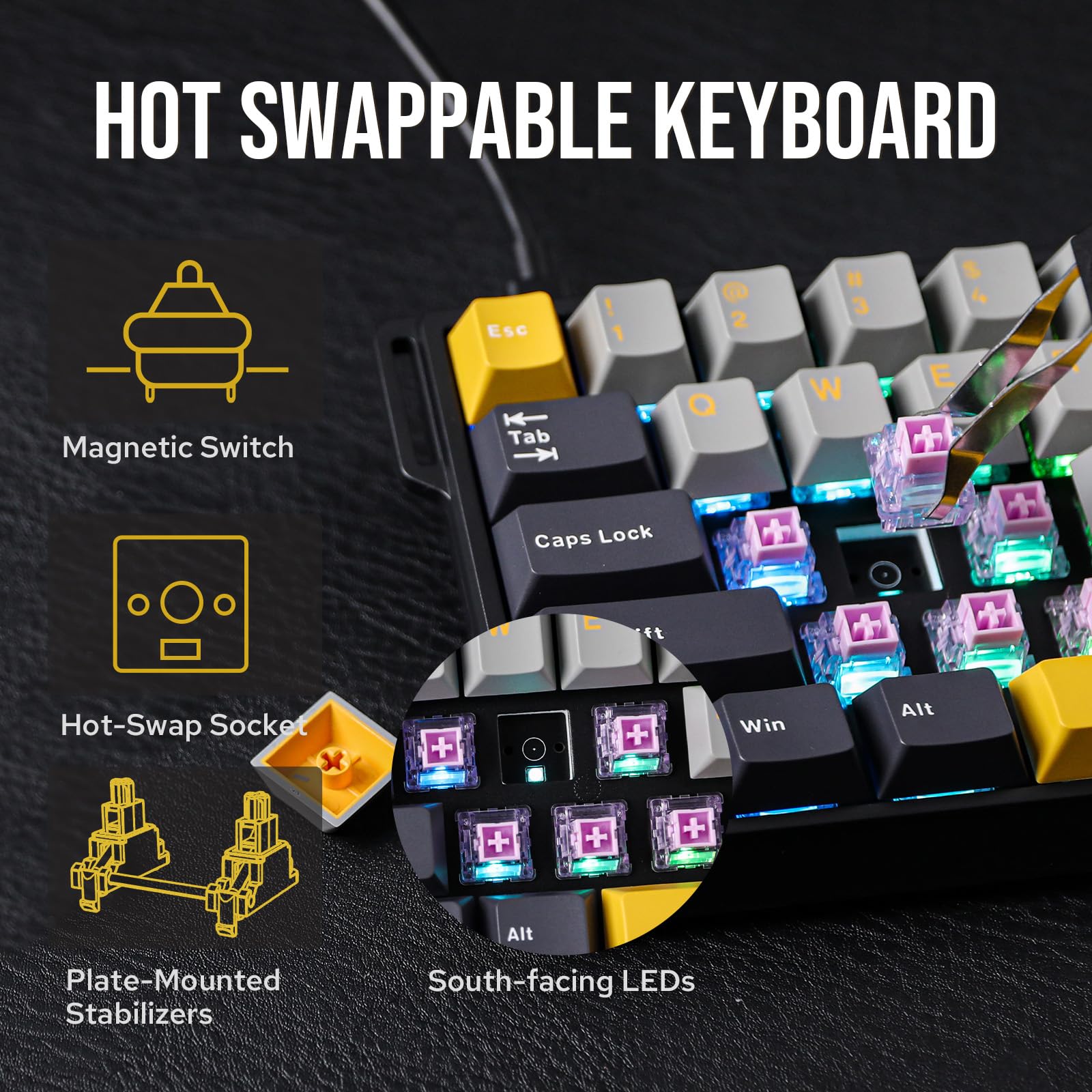 EPOMAKER Aula WIN68 HE Magnetic Keyboard with Adjustable Actuation, Hall Effect Switches, 65% Wired Compact Keyboard, 8000 Hz Polling Rate, Hot-Swappable (Grey&Yellow)