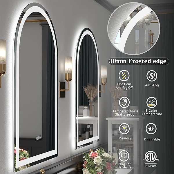 CHARMOR 24X32 ARCHED LED BATHROOM MIRROR WITH LIGHTS, LIGHTED BATHROOM VANITY MIRROR FOR WALL, DIMMABLE BACKLIT AND FRONTLIT, ANTI-FOG, MEMORY, ETL LISTED