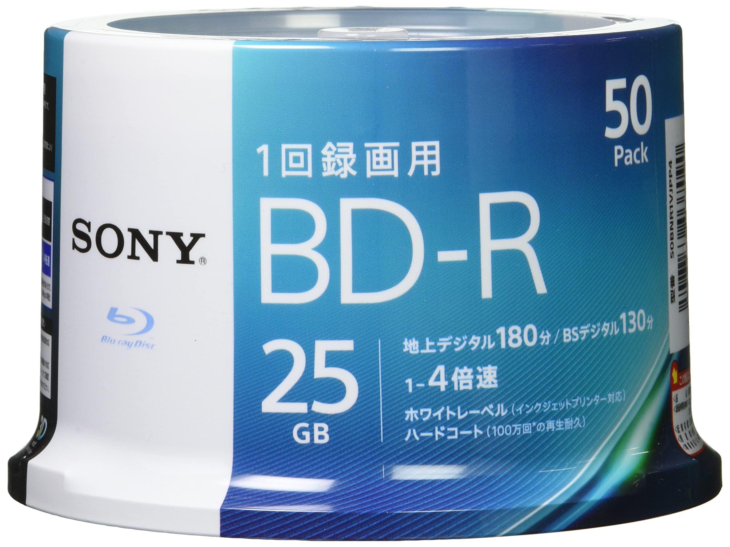 ソニー ブルーレイディスク BD-R 25GB (1枚あたり地デジ約3時間) 1回録画用 50枚入り 4倍速ダビング対応 ケース無し 50BNR1VJPP4商品画像
