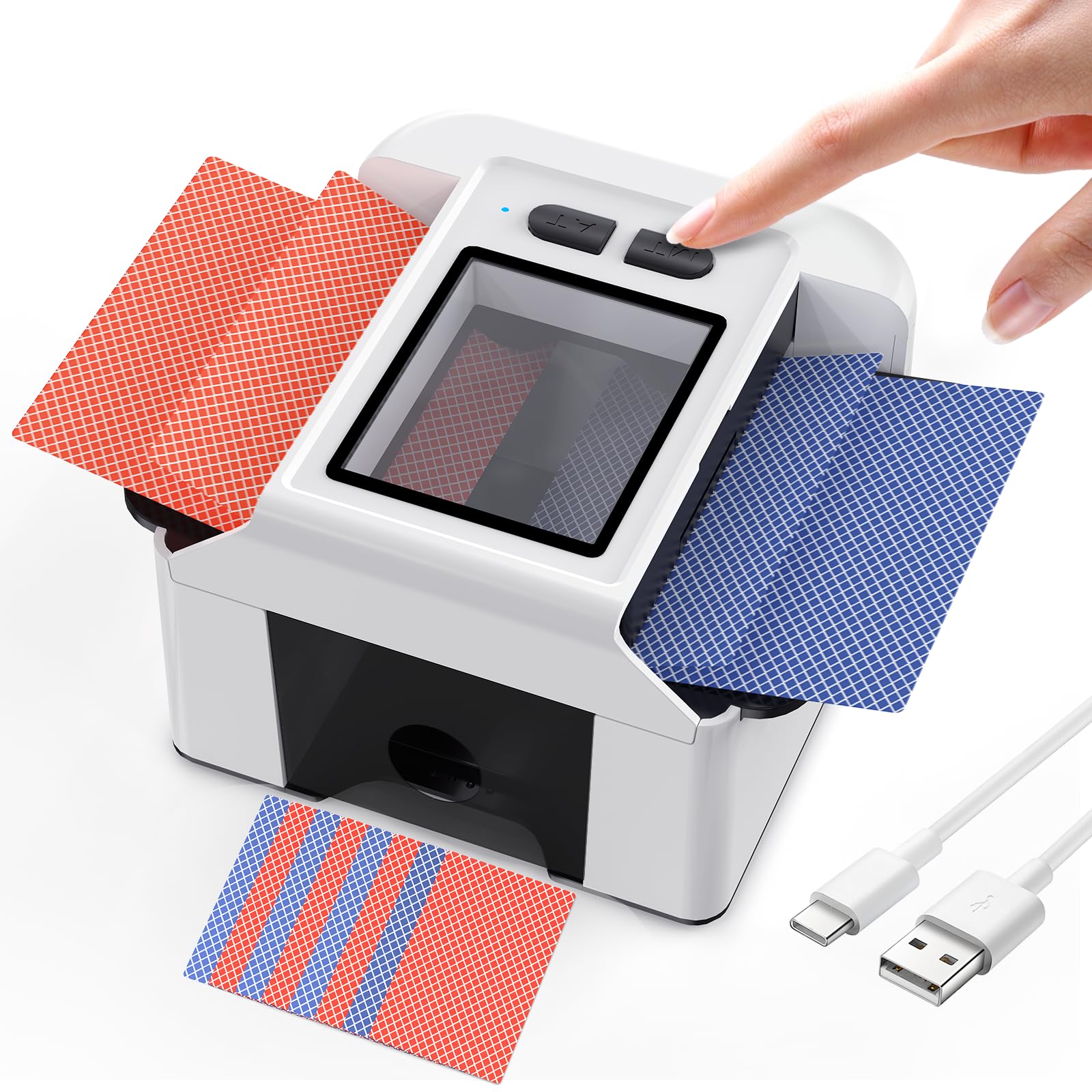 ShinePick Kartenmischmaschine Elektrische für 1-2 Decks, One-Press Auto & Manueller Wiederaufladbarer 2000mAh Geräuscharm Kartenmischgerät für UNO, Skip BO, Poker, Blackjack (Weiß)