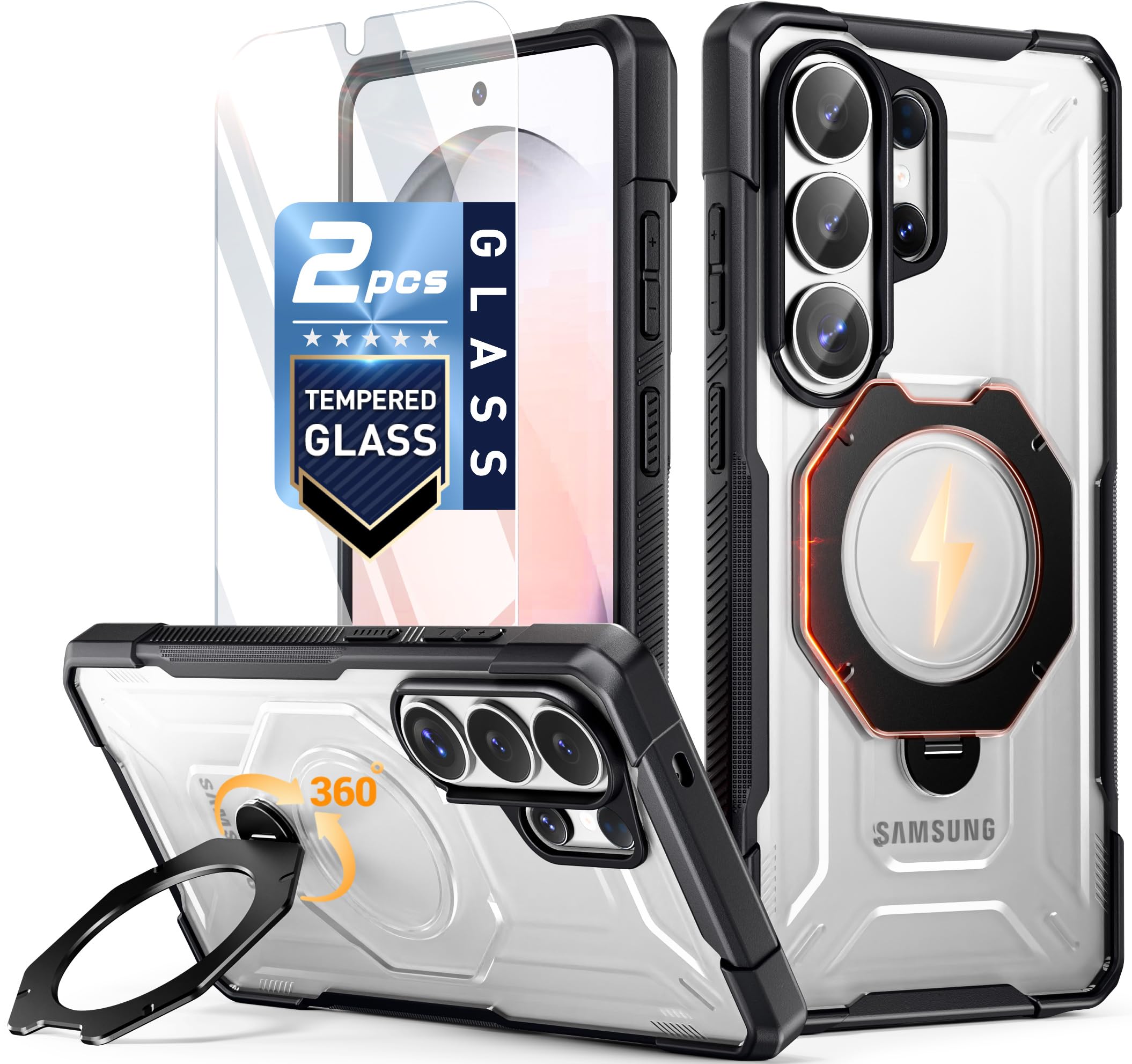 Poetic for Samsung Galaxy S26 Ultra Case | 360° Rotate Magnetic Ring Kickstand | Compatible with MagSafe | Military Grade Drop Proof Protection Cover | 2 Tempered Glass Screen Protector | Black/Clear