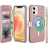 VANAVAGY Compatible for iPhone 12/12 Pro Wallet Case for Magsafe Wireless Charging, PU Leather Folio Flip Phone Cover with Wrist Strap RFID Blocking Card Holder Screen Protector,Rose Gold
