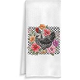 ROXMART Coquette Bow Floral Chicken Kitchen Towels, Chicken Lover Mom Lady Gifts Dish Tea Towels, Black and White Checkered Hen Decorative Hand Towel for Bathroom Kitchen, 16x24 Inch