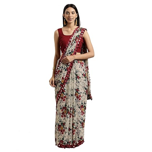 Womanista Womens georgette with Blouse Piece 7510 Sarees (TKIM812_ Off White & Red_ Free Size)