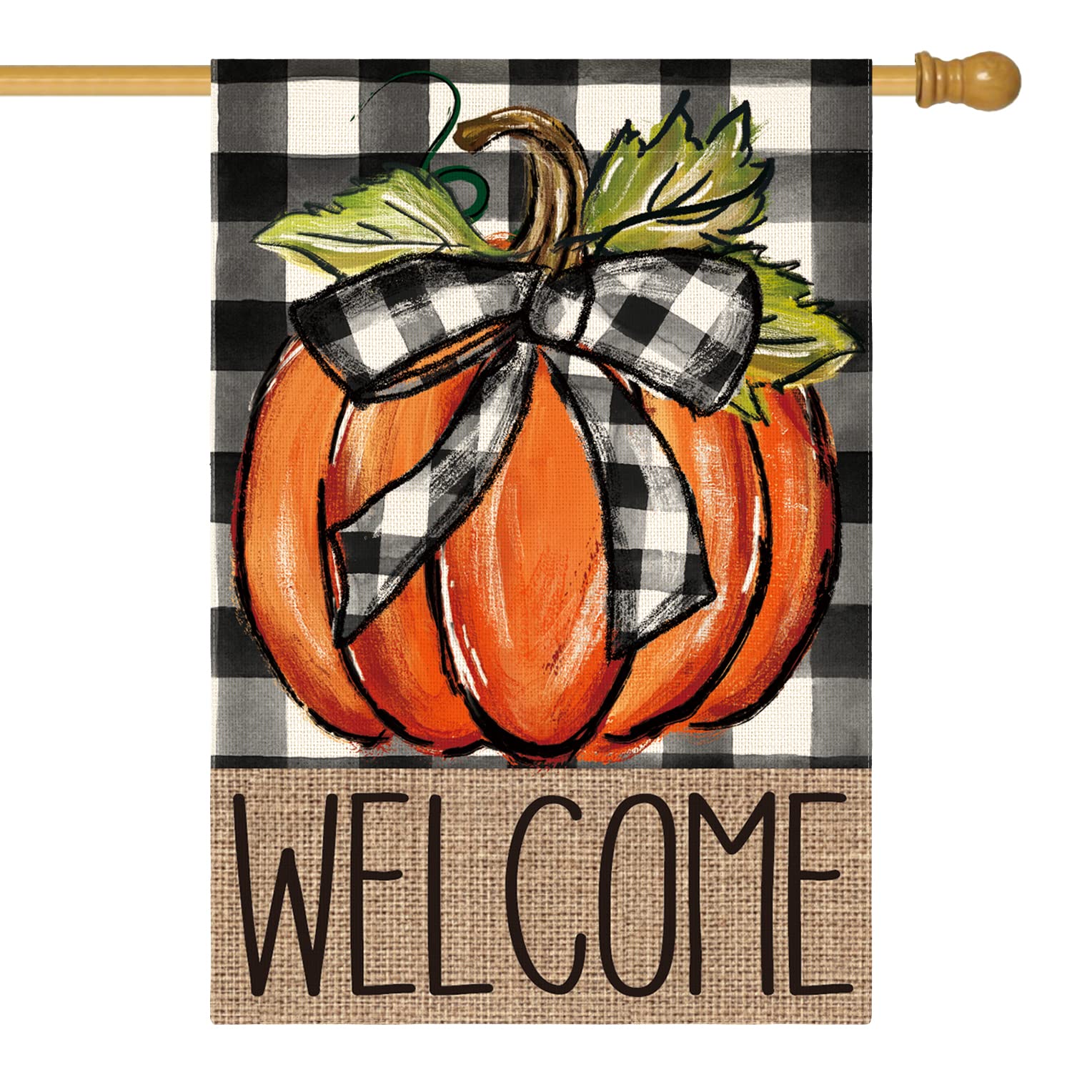 Photo 1 of AVOIN colorlife Fall Pumpkin Welcome House Flag Double Sided, Autumn Thanksgiving Holiday Harvest Buffalo Plaid Yard Outdoor Decoration 28x40 Inch