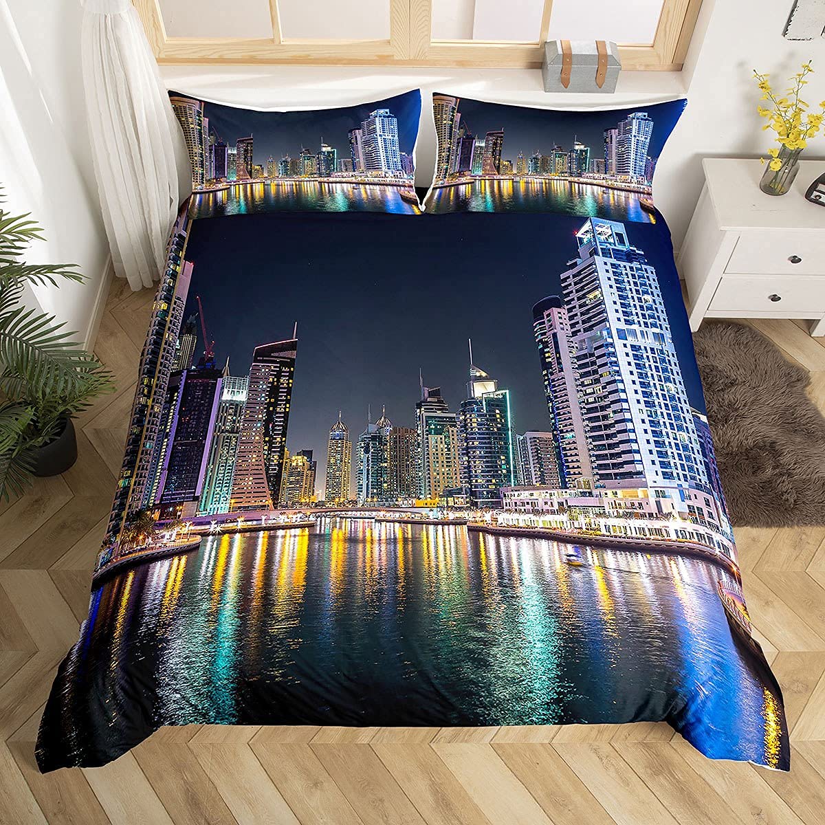 Loussiesd New York City Comforter Cover Double Size America Style Duvet Cover Set City View Bedding Set with 2 Pillowcases Soft Microfiber Zipper Decorative Night Landscape Bedspread Cover 3 Piece