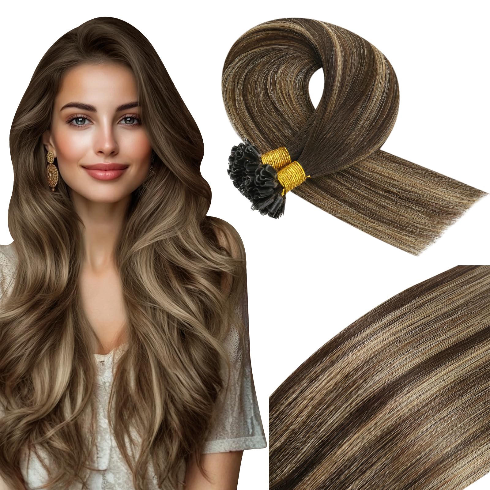 Vivien Brown U Tip Hair Extensions Human Hair Balayage Pre Bonded U Tip Human Hair Extensions Dark Brown to Dark Blonde with Brown Utip Hair Extensions 20inch 50g/50s #4/27/4 — image 1