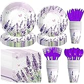 Suhelkit Lavender Flowers Party Decorations Tableware for Birthday Baby Shower - Summer Floral Lavender Birthday Party Supplies, Paper Plate, Cup, Napkin, Disposable Cutlery | 24 Guests
