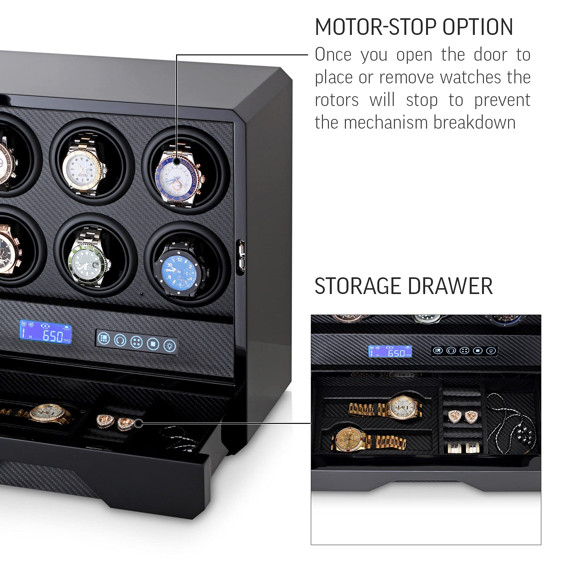 Watch Winder for 6 Automatic Watches with LED Backlight, LCD Display, Remote Control and The Storage Drawer for Watches and Jewelry (Black)
