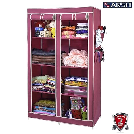 Arsh Portable And Collapsible Wardrobe Metal Frame 8 Racks Closet, Aw08, Maroon With High Capacity Up To 70Kgs