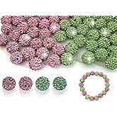 12mm Pink & Green Clay Rhinestone Beads for Bracelets - 58pcs Sparkly Pave Disco Ball Round Diamond Bling Loose Spacer Beads for Jewelry Making,Necklaces, and Craft Projects