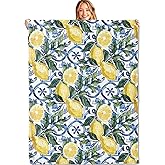 MIEPOS Lemon Fresh Throw Blanket,50x60in,Soft,Lightweight Flannel,Blue Tile and Leaf Fruit Blankets - Gifts for Kids Adult & Food Lovers,for Couch Office Travel,Home Living Room Decor