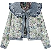 Xaspee Womens Peter Pan Collar Cropped Jean Jacket Embroidered Jacquard Long Sleeve Casual Floral Denim Jackets Coat