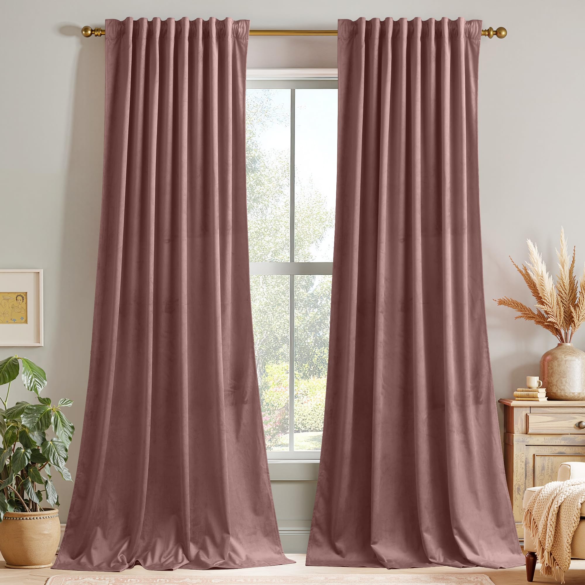 Photo 1 of StangH Mauve Velvet Curtains 96 inches Long - Wild Rose Pink Room Darkening Bedroom Curtains for Nursery Kids, Elegant Thermal Insulated Drapes for Sliding Door Office, W52 x L96, 2 Panels