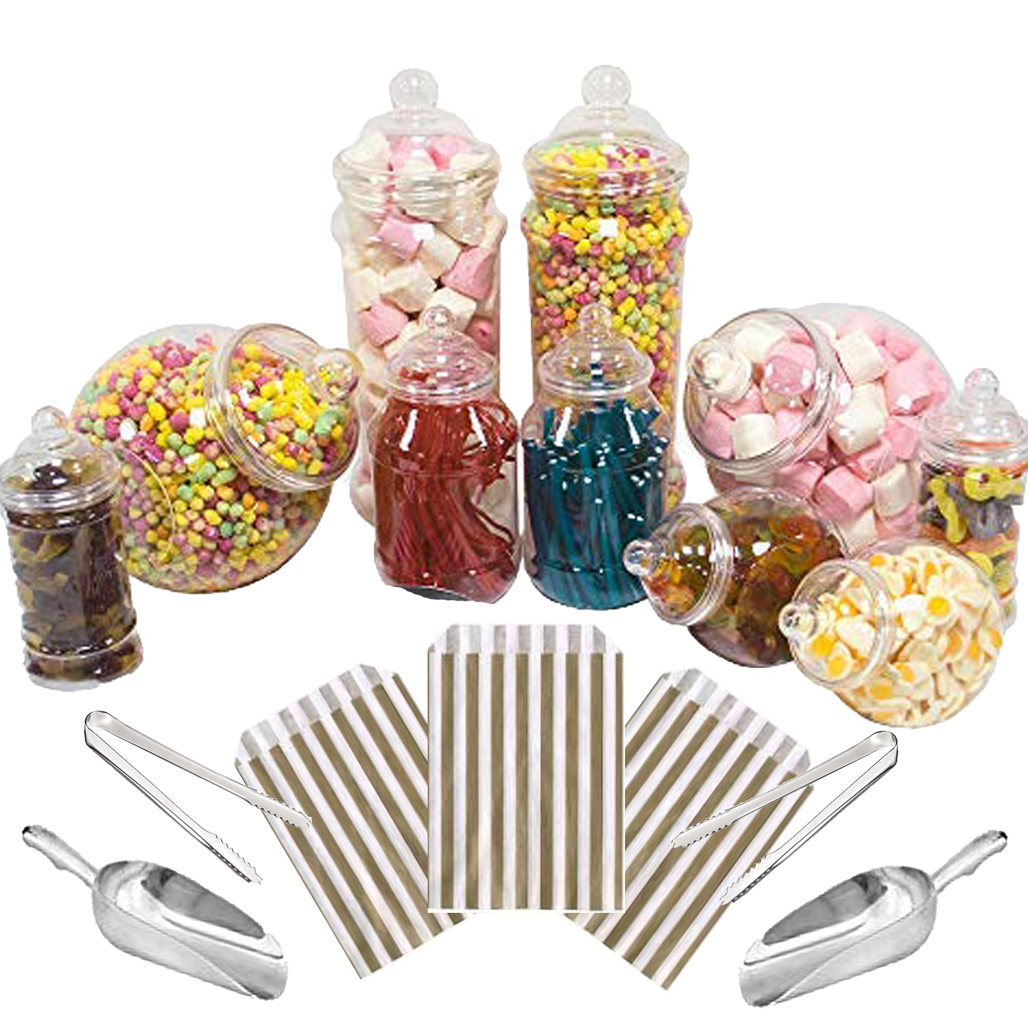 Purple Square 10 Mixed Jar Retro Pick & Mix Victorian Sweet Shop Candy Buffet Kit Party Pack with Scoops, Tongs & Bags - Gold Stripe Bags