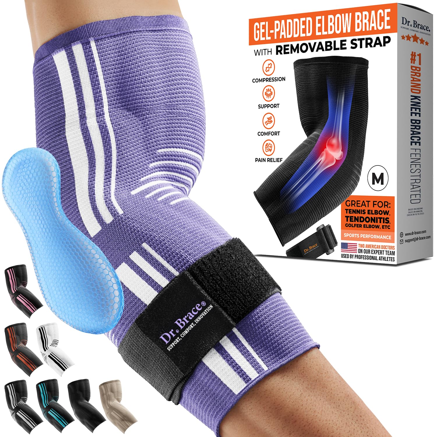 Photo 1 of DR. BRACE® Elite Elbow Brace Support, Breathable Elbow Compression Sleeve with Gel Pad for Golfer's, Tennis Elbow & Tendonitis Treatment & Pain Relief 2024 (Purple-White, Medium)