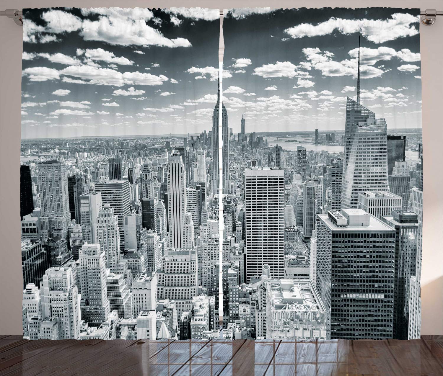 ABAKUHAUS New York Curtains, NYC over Manhattan from Top of Skyscrapers Urban Global Culture City Panorama, Living Room Bedroom Window Drapes 2 Panel Set, 89 L X 110 W, Grey