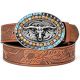 WOWOGO Women Men Western Belts Cowboy Cowgirl Country Belt Longhorn Bull Buckle Floral Embossed Belt for Jeans Dresses
