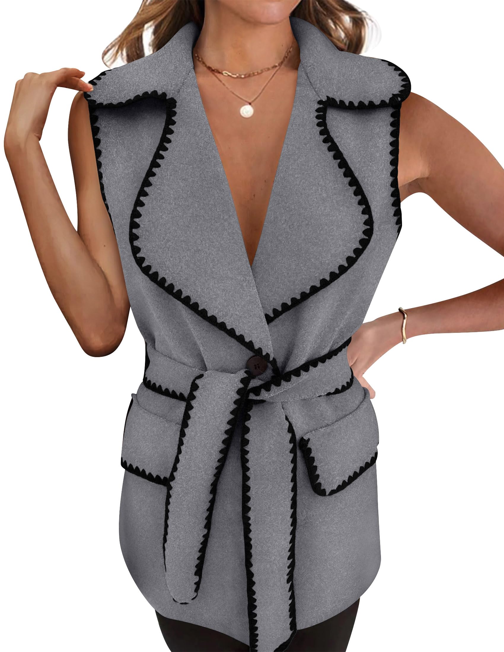 Photo 1 of ***(MISSING BLET)***PRETTYGARDEN Women's 2025 Tweed Vest Jackets Sleeveless Lapel Button Front Belt Color Block Winter Cardigan Outerwear (Dark Grey,Medium)