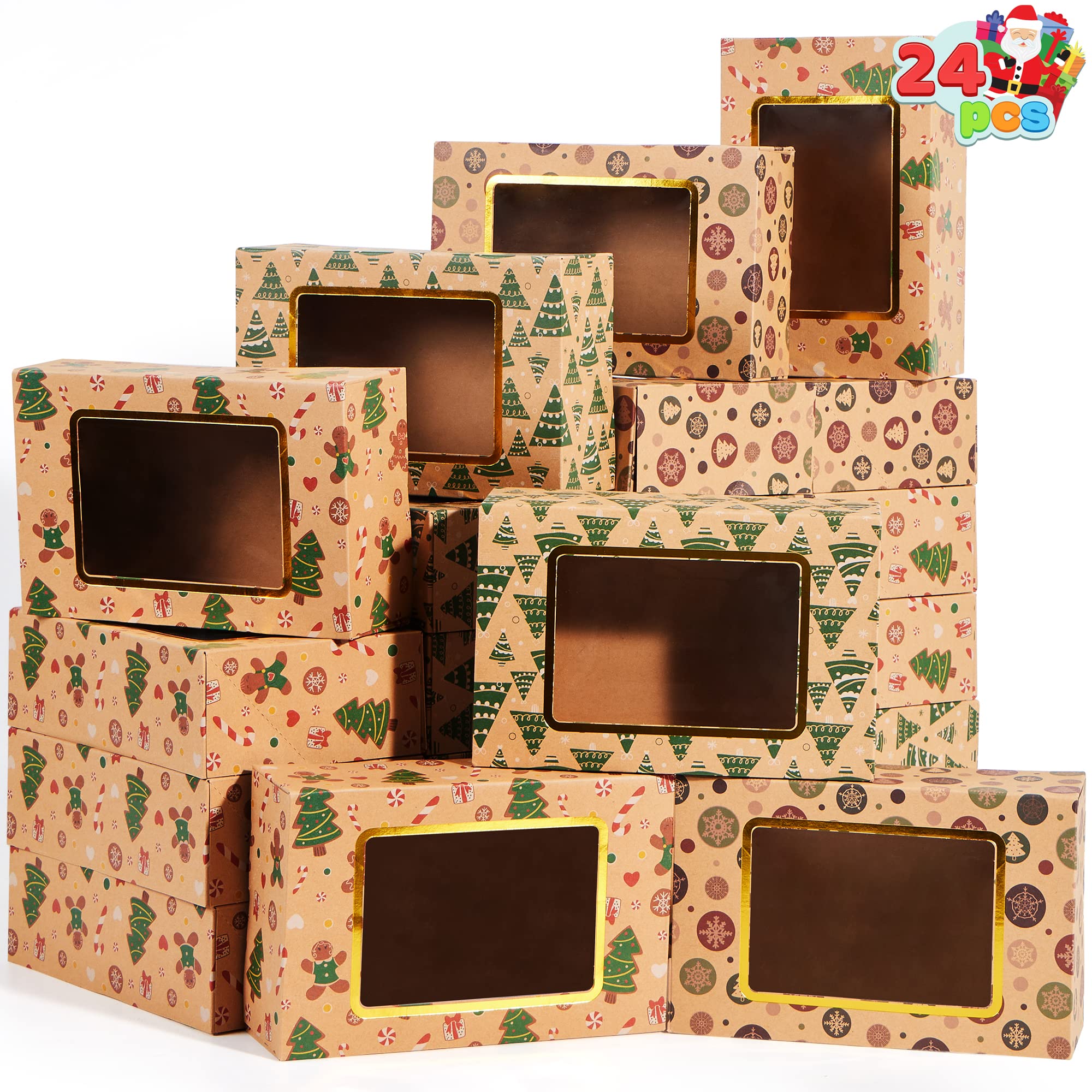 JOYIN 24 PCS Foiled Christmas Cookie Boxes with Window 8.75" x 5.6" x 2.75”, Treat Boxe for Doughnut and Cookie, Brown Kraft Bakery Boxes, Xmas Gift Baking Box for Pastries, Cupcakes