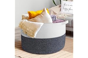 BROVIEW Large Blanket Basket, 21.7x 21.7x 13.8 Cotton Rope Woven Basket with Handles, 83L Large Laundry Baskets Toy Basket Living Room Bedroom Large Organizing and Storage Basket, White & Navy Blue