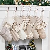 GEX Christmas Stockings 6 Pack for Family 20" Large Rustic Farmhouse Country Xmas Stockings with Tassels Hanging Ornament Decorations for Fireplace Xmas Season (Beige, Set of 6)