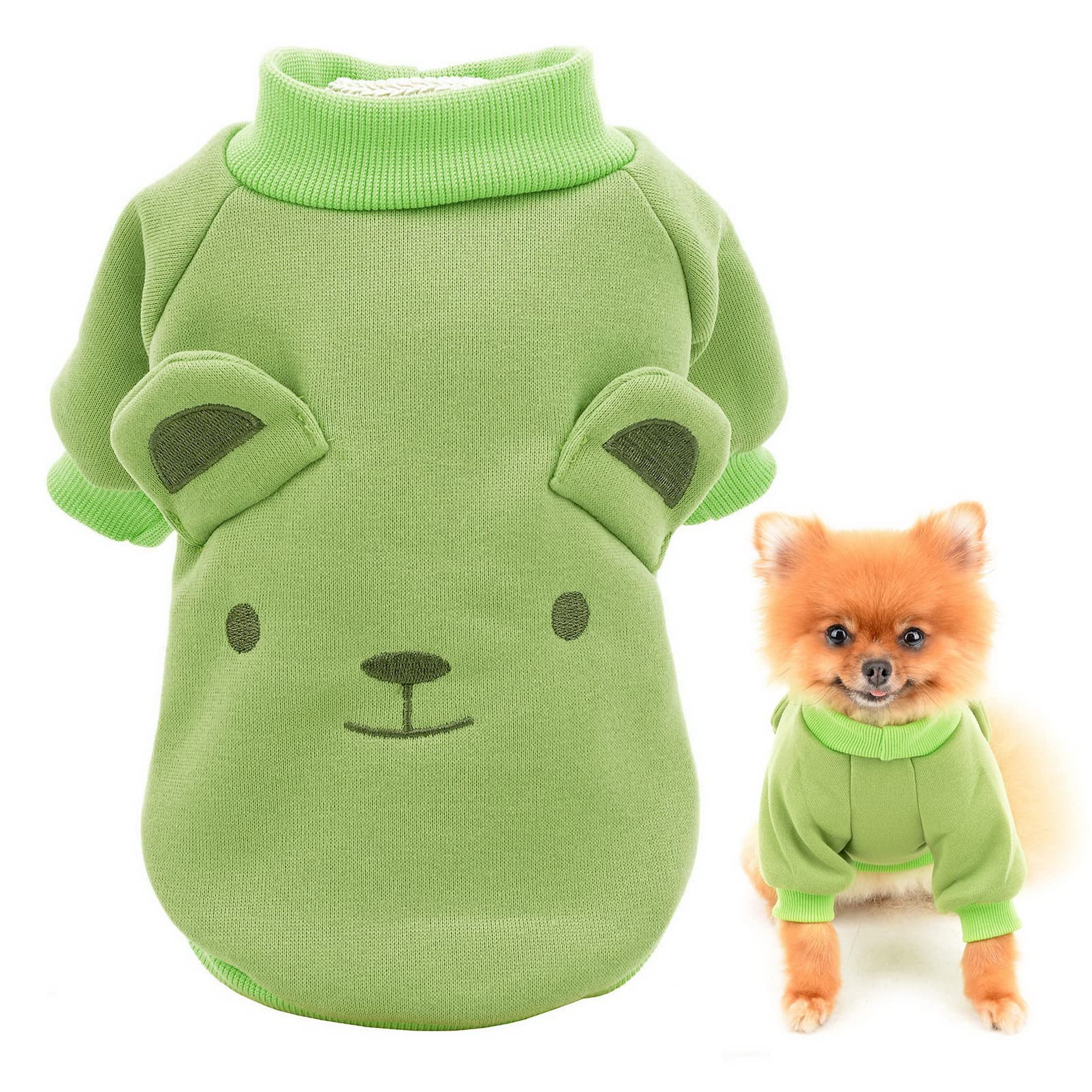 SMALLLEE_LUCKY_STORE Puppy Fleece Sweatshirt Pullover Jumper Sweater Cute Bear with Ears for Small Medium Dogs Cat Boy Girl Yorkie Chihuahua Kitten Warm Autumn Winter Clothes,Green,S