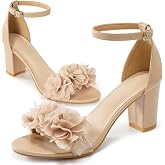 Reimferce Comfortable Block Heels for Women: 3-inch Stable Heel &amp; Elegant Flower for Confidence Walking on Wedding - Soft Cushioned Insole &amp; Adjustable Ankle Strap for Bride &amp; Bridesmaids