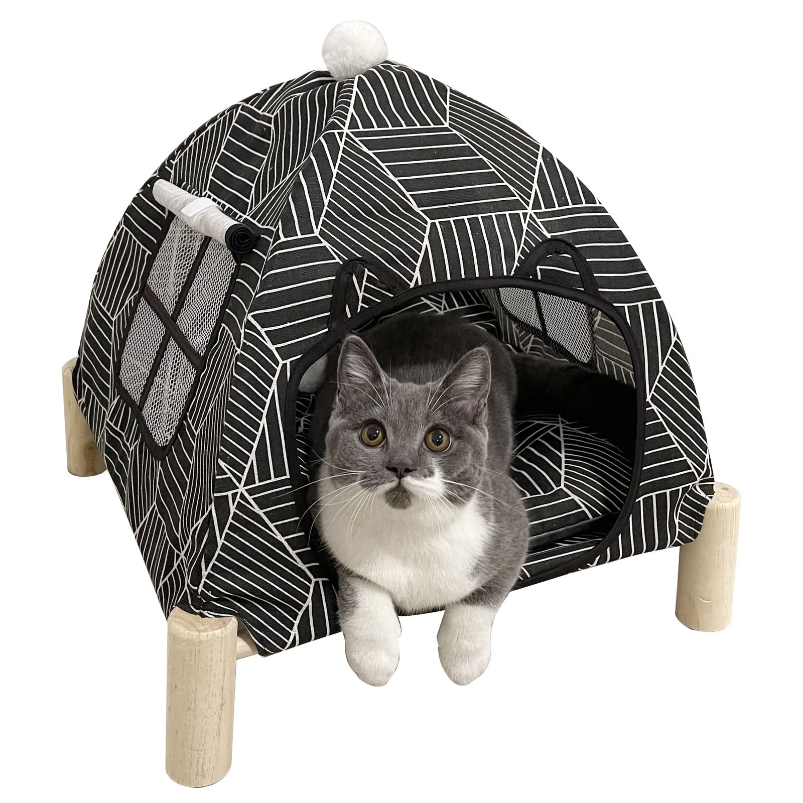 Nockovi 2-in-1 Elevated Cat Bed Tent with Soft Mattress， Portable Pet Tent House for Cats, Puppies and Other Small Animals-Black Diamond Pattern