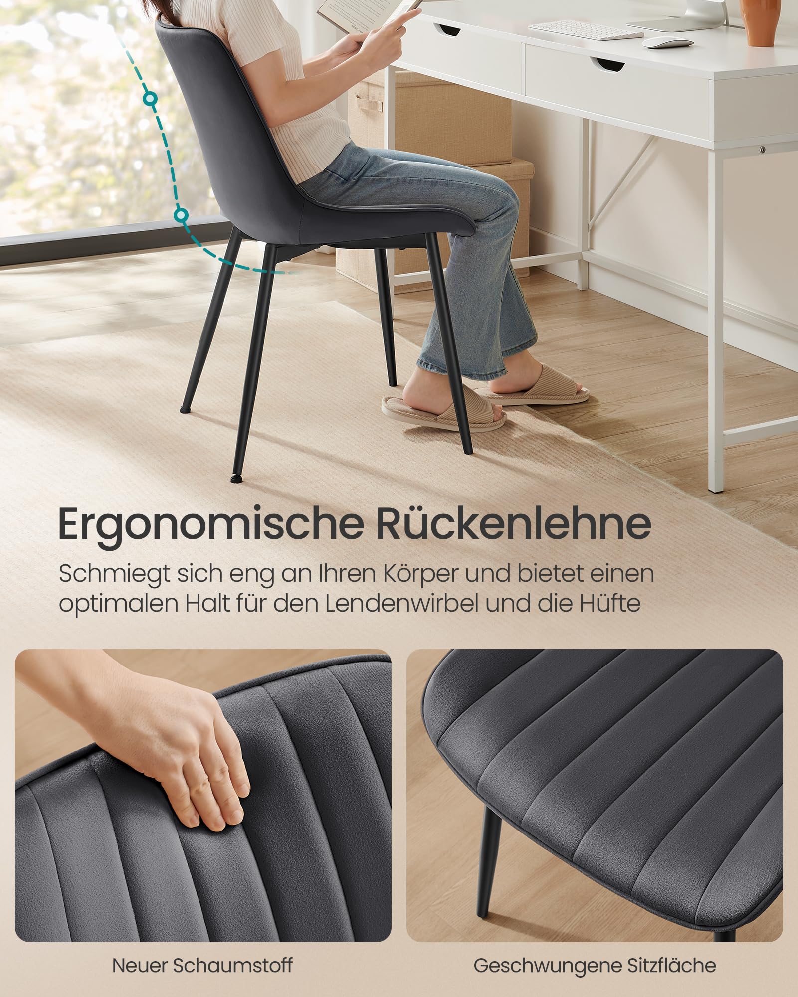 SONGMICS Esszimmerstuhl 6er Set, Küchenstuhl, Samt, Polsterstuhl, bis 120 kg belastbar, Stahlbeine, Gebogene Rückenlehne, für Esszimmer, Küche, grau-tintenschwarz LDC090G56 4