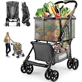 Folding Stroller Shopping Cart, 80lbs Collapsible W/ 360&deg; Wheels, 2-Tier | One-Hand Fold&amp;Tool-Free Assembly, Stainless Steel Frame, Brake Wheels, 15lbs Lightweight Portable for Grocery &amp; Personal Use