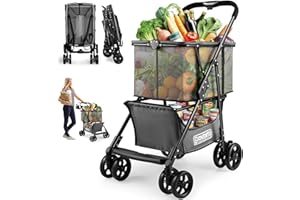 Folding Shopping Cart for Groceries(80lbs), Multifunctional Portable Collapsible Cart with Removable Basket and Swivel Wheels